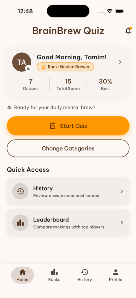 BrainBrew Quiz Home Dashboard